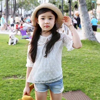 2020 ljetna nova korejska Dječje odjeće Čipke rukava dječje majica pamuk tanak kvalitetan djevojke točka bluza bijela košulja