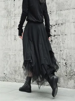 Cakucool višeslojne svežanj tila suknja berba midi nabrane suknje, ženske gothic Lolita asimetrična crna rešetka Mujer saias jupe