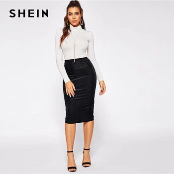 SHEIN Black Elastična Waist Rib-Knit Čvrsta u koljena Length Mid Waist Bodycon Olovka Skirt Women jesen elegantne office ženske suknje
