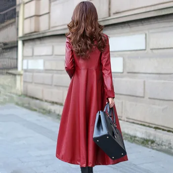 Top Moda Vogue Ženski Kaput Ulični Stil Duge Kapute Pojasni Umjetne Kože Grabe Ženske Kožne Jakne Crveno I Crno