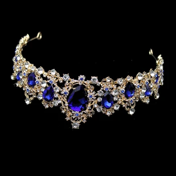 Velika Luksuzna Moda Crystal Vjenčanje Vjenčanja Tijara Diamante Royal Blue Crown Izbor Prom Hair Nakit Za Mladenku Mladoženja