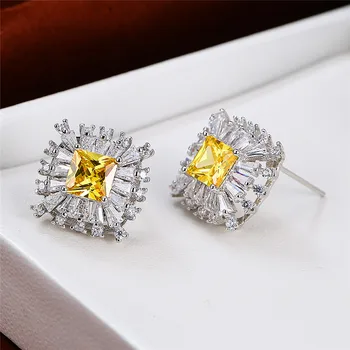 Slatka Ženski Crystal Žuti Kamen Naušnice Klasični Srebrna Boja Naušnice Za Žene Mala Duga Trg Vjenčanje Naušnice