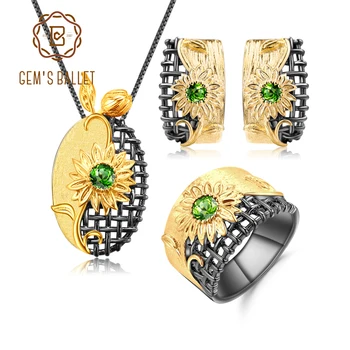GEM'S BALLET Natural Chrome Diopside prsten, naušnice privjesak setovi 925 sterling srebra ručni rad Sun flower Jewelry Set za žene