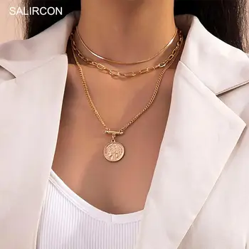 Salircon starinske višeslojne urezana kovanice privjesak ogrlice za žene geometrijski zlatna boja karika lanca ogrlica nakit 2021 poklon