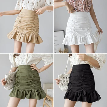 Ljetne Mini Suknje, Ženske 2020 Novi Korejski Stil Nabora Elegantna Visoka Struka Sirena Suknja Kaki Zelena Crna Bijela Faldas