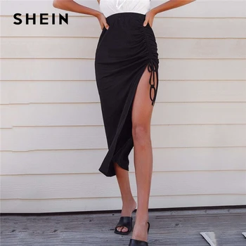 Шеин crne čipke Ruched detaljno asimetrični rub suknje ženski ljeto čvrste rebra plesti dame seksi rez duga suknja