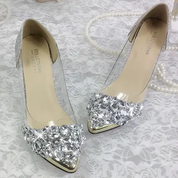 Silver i Crystal svadbene cipele Билинг блесток biseri, perle gorski kristal oštar nos Ženske sandale za zurke banket nevjesta djeverušama