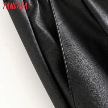 Tangada Ženske crne hlače od umjetne kože protežu struk remen, kravata džepove ženske jesen zima elegantne hlače HY02