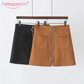 Aelegantmis Summer New Elegant Suede Fabric High Waist Women Mini Skirt Ladies Plus Size Casual Slim A-line kratke suknje crna
