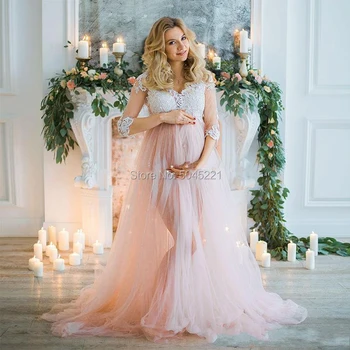 Roza trudnice večernje haljine 2019 Robe De Soiree Split Pola rukava na V-izrez čipkan haljina za foto izbojci gumb ljetne haljine