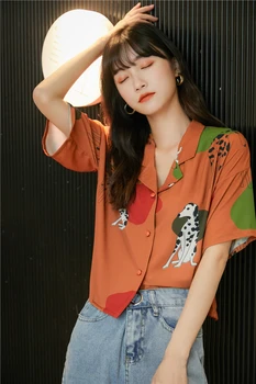 CHEERART Dog Animal Print Korean Woman košulje svakodnevne kratkih rukava нагрудные gumbe ljetna bluza ženske majice i košulje