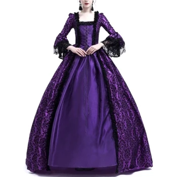 Vruće prodaju! Vintage Women Medieval Gothic Square Neck Flare Sleeve Lace Patchwork Maxi Dress Wholesale Dropshipping