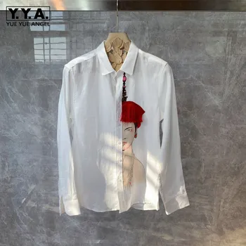 Harajuku Printed Muške Casual Shirt Long Sleeve Highquality Cotton Lanen Shirts Man New Personality Šarenilo Ulica Odjeća Majice