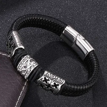 Modni nakit od nehrđajućeg čelika muškarci ovjes narukvica crni pleteni kožni s Magnetom buckle narukvice, narukvica darove PD0089