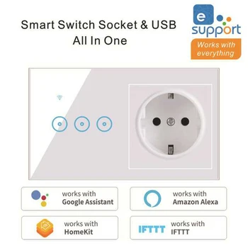 Wifi Smart LED Light Switch with EU Socket 90-240V 1/2/3 Gang Wall Touch Switch radi Alexa Google Home IFTTT eWelink EU