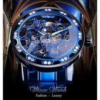 Pobjednik Transparentno Dijamant Mehanički Sat Plava Kostur Od Nehrđajućeg Čelika Sati Najbolji Brand Luksuznih Poslovnih Sjajne Mens Watch
