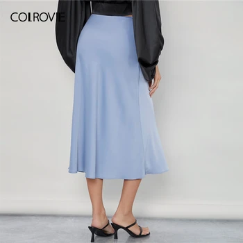 COLROVIE munja detaljno puna crna suknja žene 2021 Proljeće ured dame visokim Strukom linija elegantan midi suknje