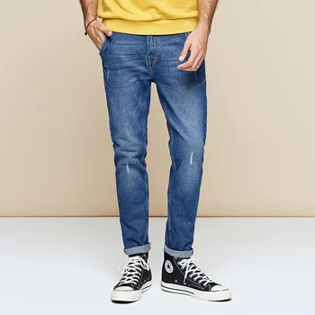 Kuegou Marka muške traperice moda jeans za proljeće, jesen poderane tanak zimske hlače plave jeans hlače plave KK-2976