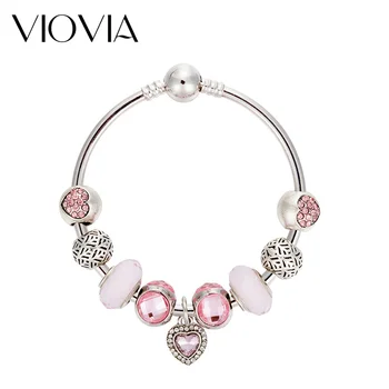 VIOVIA novi dizajn Šarm narukvice, narukvica pink crystal srce privjesak Муранский trava perle, narukvice za žene nakit B17068