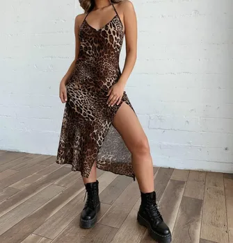 Žene V-izrez stimuliranje ular Leopard haljina dame slip špageti haljina odmor plaža haljina veličina 8-16