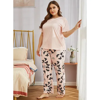 Dame proljeće i jesen plus size pidžame za žene kratkih rukava roza print majica i duge hlače osnovna odjeća, odijelo 4XL 5XL 6XL 7XL