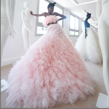 Svijetlo roza тюлевое loptu haljina gradacija haljine 2020 večernje haljine bez naramenica valovi kata haljina od dva dijela dužine do poda munja straga