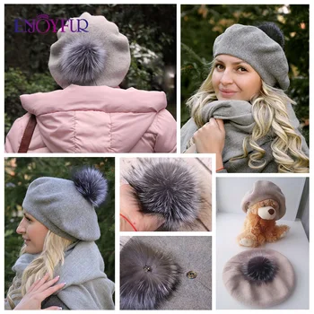 ENJOYFUR žena uzima šešir ženski zimske pletene vune uzima prirodni rakun klaudije lizija krzno помпон šešir jednobojnu visoke kvalitete uzima kapu