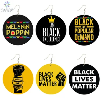 SOMESOOR Black Lives Matter Saying Trendy Women Print Jewelry Natural Wood Kap Earrings Melanin Poppin Afro Power Fist Pattern