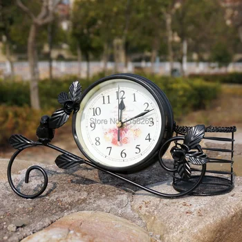 Rustikalni stil metalnih ptica sat kućni ukras ručni rad, vrtlarstvo Desktop sat sa ručkom sitan crn, bijela boja