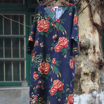 NINI WONDERLAND proljeće i jesen tiskanih haljina ženska pamučna posteljina slobodni nacionalni stil haljine ženski V-izrez vintage retro haljina Haljina