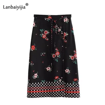 Lanbaiyijia najnovija moda visokim strukom шнуровка crna cvjetni print ženska suknja ljetne suknje patchwork brand A-Line suknja S M L