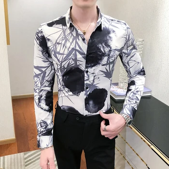 Korejski tiskane majice za muškarce, moda dugi rukav Slim Fit svakodnevni cvjetne košulje noćni klub ulični odjeća Camisa Masculina