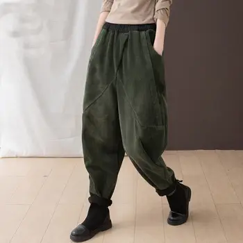 Vojska zelena Samt hlače za žene runo ženske sportske hlače slobodni veliki veličina tata hlače široke elegantan ženski moda zimska odjeća