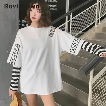 Harajuku T Shirt Women Letter Hole White Black Hip Hop Šivanje Dugi Rukav O Izrez 2020 Nova Svakodnevnica Besplatna Dostava Korejski Odijevanje