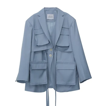 CHEERART Designer Blue Trench Coat For Women Lace Up Pocket Fashion Coat V izrez High Street Trench Coat Ženska odjeća