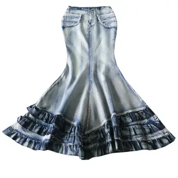 Klasicni Žene Jeans Suknja Krivulja Ljepota Torta Velika Ljuljačka Visokim Strukom Riblji Rep Suknje Tanak Paket Hip Sirena Traper Duge Suknje
