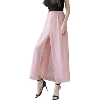 Moda Ženske hlače novi 2020 ljeto šifon žene široke hlače elastičan pojas lažni dva dijela Split suknja hlače Ženske hlače