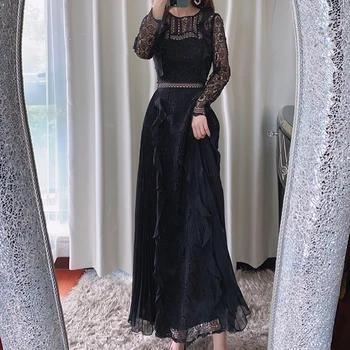 2020 jesen žena crna duga haljina klupska odjeća čipke, haljine