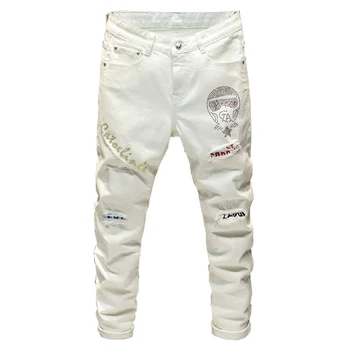 Sokotoo muška moda Crystal patchwork bijele traperice vanjska odjeća, slim fit krpa dizajn protežu traper hlače