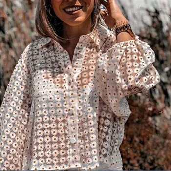 Ženske duge rukave svakodnevne vrhovima nose novi cvjetni uzorak odbačenost gumba za ovratnik košulje moda Sheer jesen kratke majice tople rasprodaja