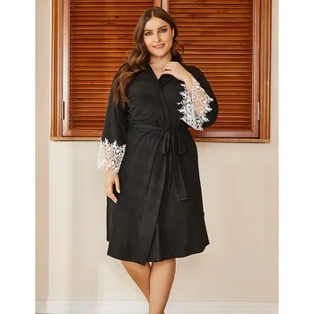 DOIB veliki veličina kimono ogrtač žene crni saten svila, čipka patchwork plus size haljina haljina ogroman noćni seksi haljine spavaćica