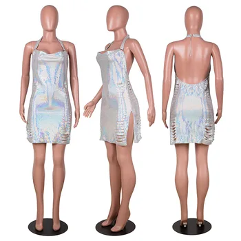 ANJAMANOR Sparkle Sequin Sexy Party Club Dresses proljeće ljeto 2021 luksuzni stimuliranje ular dekoltea naslon Mikro Mini haljinu D52-DG27