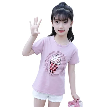 Moda vez šljokice djevojke majica Dječja ljetna odjeća teen ucenice rođendan majica pamuk sladoled majica dijete