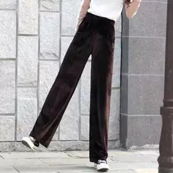 Hlače Ženske široke noge pliš plišane visoko elastičan struk elegantni sve-Utakmica svakodnevne ženske hlače za besplatno 2XL šik korejski stil dame