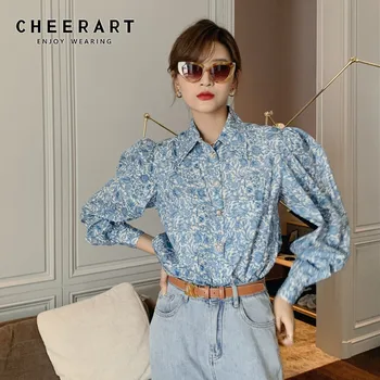 CHEERART Vintage Puff Sleeve Top Court bluzu dugih rukava ženska košulja na zakopčane plava cvjetni print ženski top jesen 2020