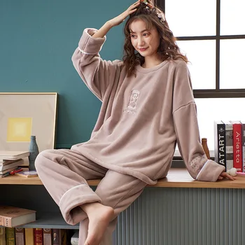 NIGHTWA pidžama setovi crtani tisak O-izrez prekrasan plus baršun deblji zima toplo пижама pidžama Ženske korejski modni stil