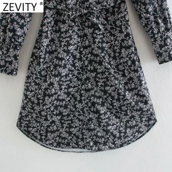 Zevity 2020 Women Fashion V izrez Digital Print Sashes Kneeth Dress Ladies Long Sleeve Chic Vestido Casual Retro Dresses DS4795