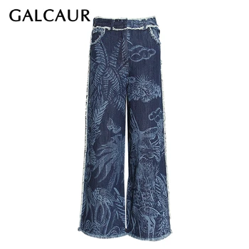 GALCAUR korejski print hit Boja traper hlače za žene visokim strukom džep veliki veličina duge široke traperice ženske proljeće 2020 odijevanje