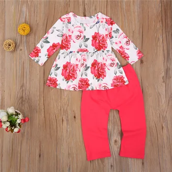 Komplet odjeće za djevojčice cvjetni top s okruglog izreza i dugih rukava + valovite crvene hlače hlače od 1 do 5 godina djeca djeca jesen svakodnevni pamučna odjeća