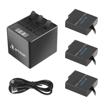 Artman Gopro 1500mAh rezervne baterije(3-Pack) i 3-kanalni LCD punjač za GoPro Hero 7/6/5 Black, Hero 2018